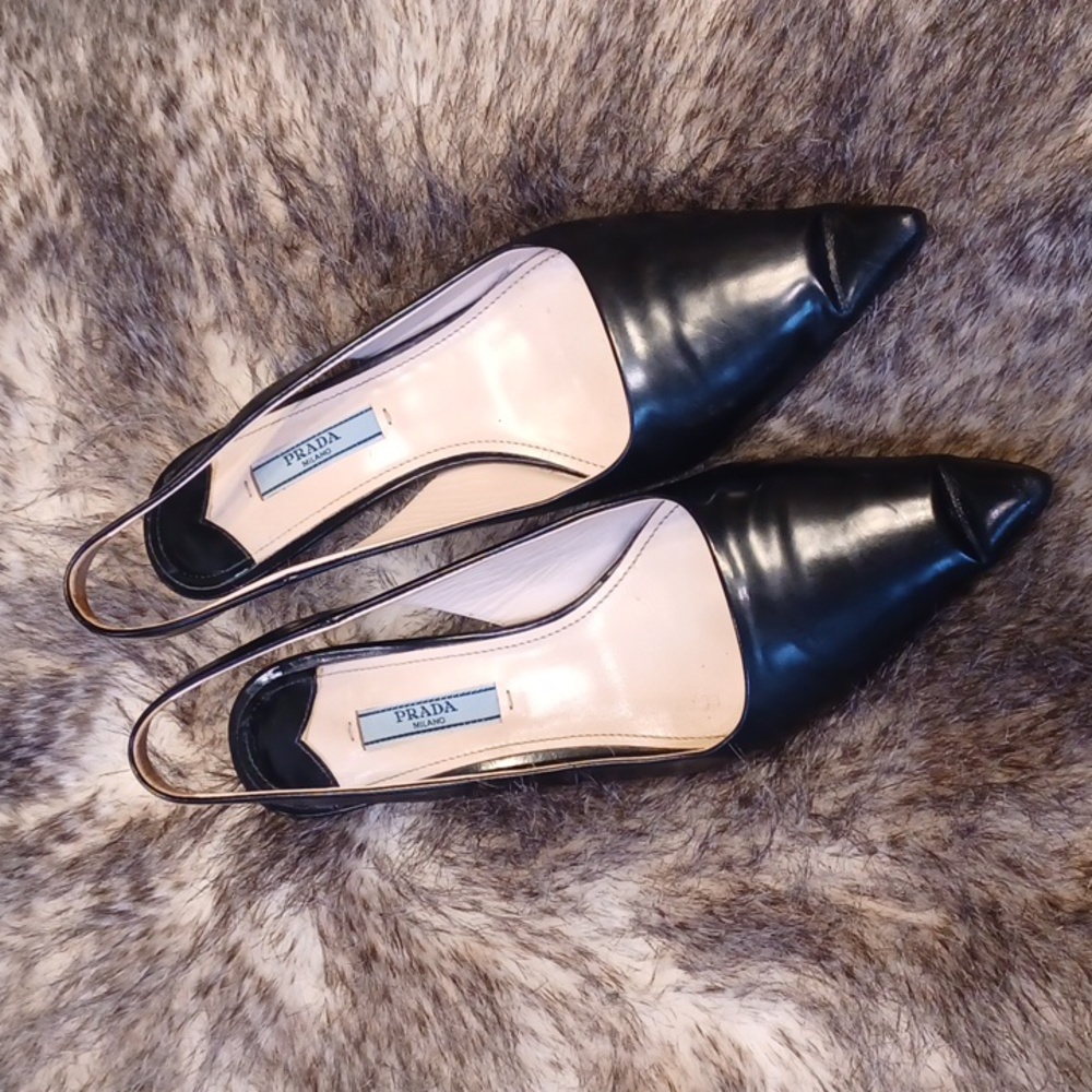 Prada Black Pointed Toe Leather Slingback Heels